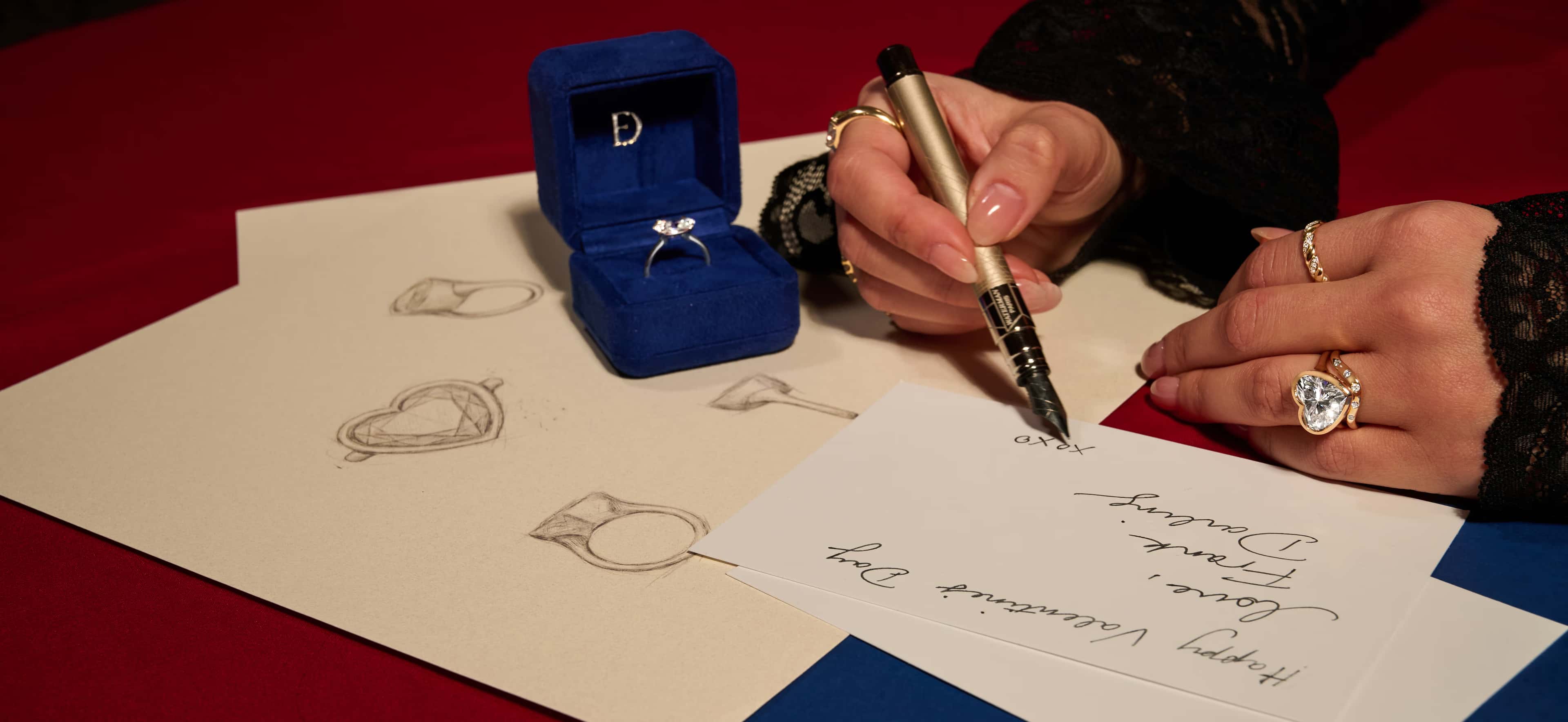 A close-up of an engagement ring with text overlay reading 'Find the Perfect Ring, Make it yours' against a dark background